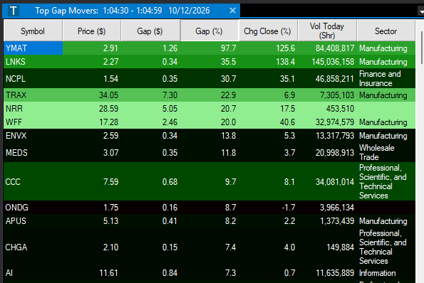 Top Gap Movers screenshot showing stocks gapping up with gap %, volume and sector